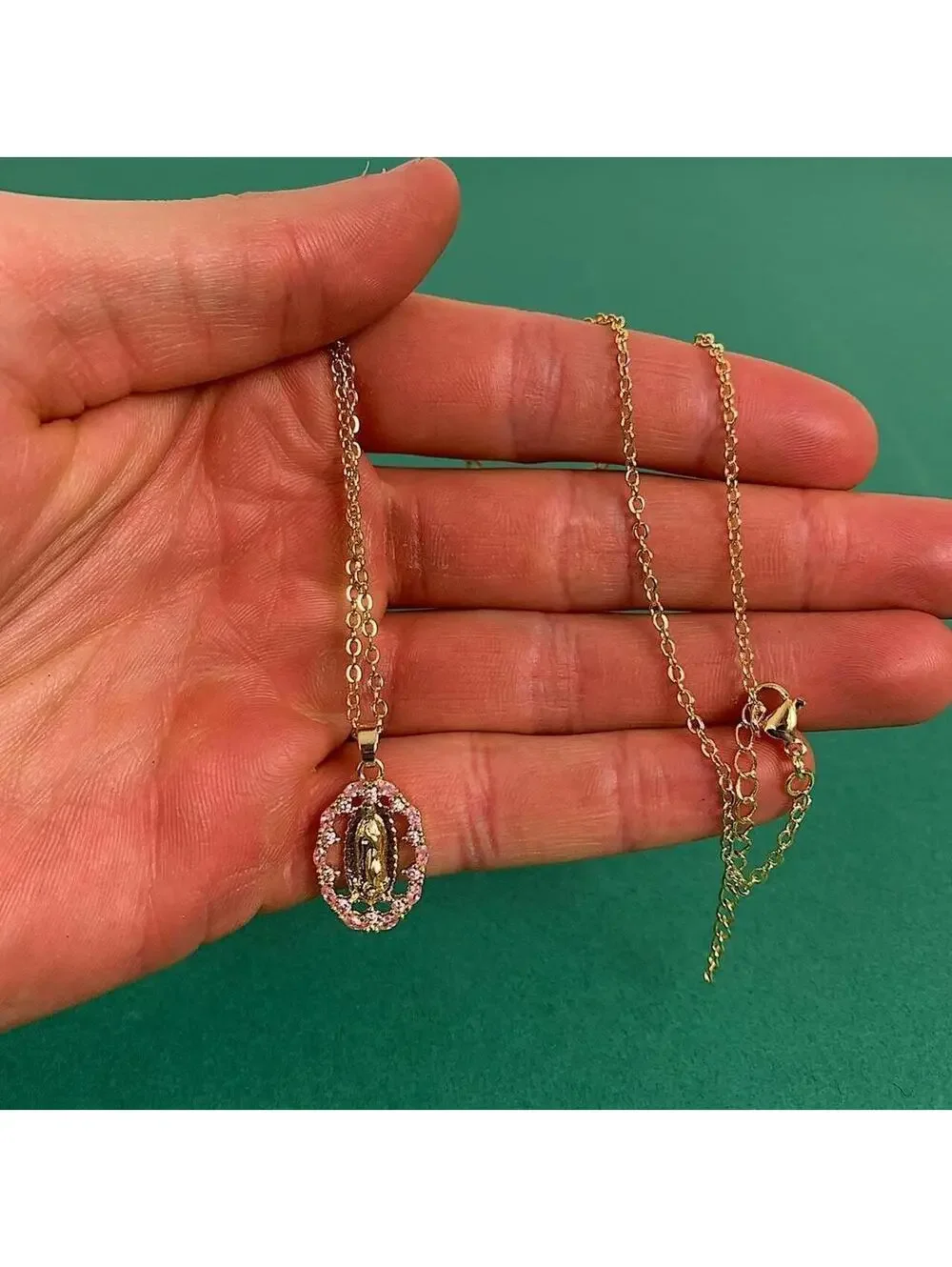 Y2k style gold Saint Marry Pink rhinestone pendant necklace. 19 inches length.